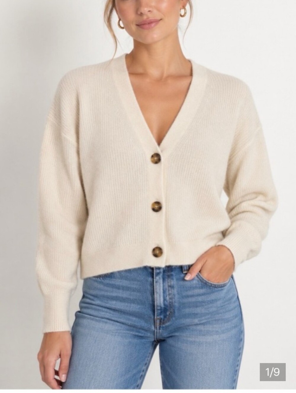 Quince Cream Ribbed Alpaca Wool.V-Neck Button Cardigan Sz M Mint